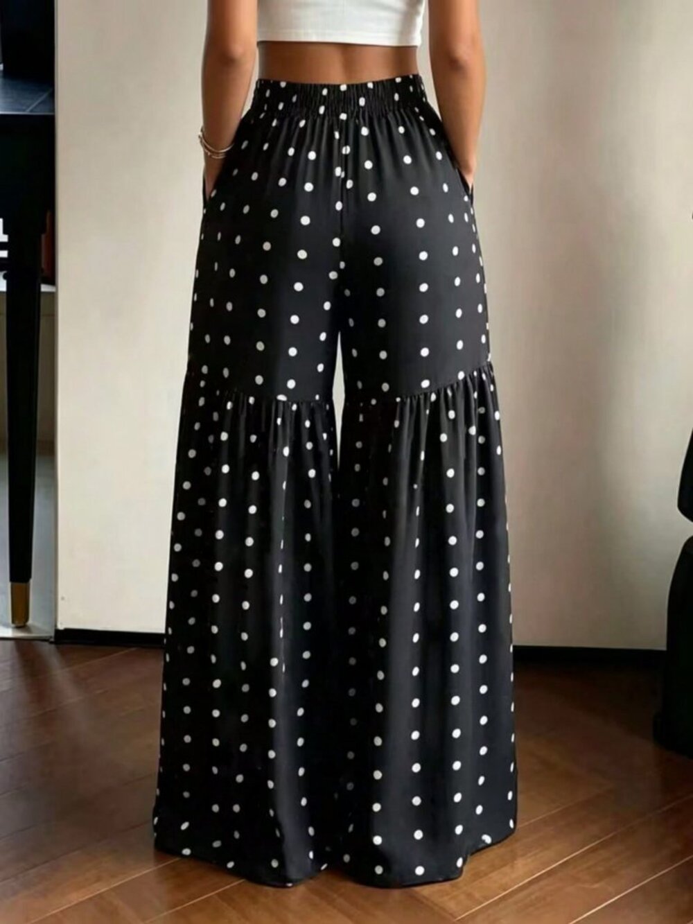 Black And White Casual Women's Elegant Polka Dot Print Wide Leg Pants - Picture 2 of 5